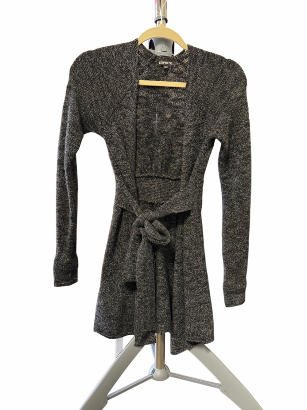 Express Charcoal Gray with Silver Threads Open Front Tie Waist Cardigan